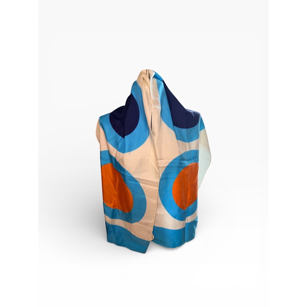 Vintage 5th Avenue Silk Scarf Geometric Circles Print Blue Orange Cream Luxury